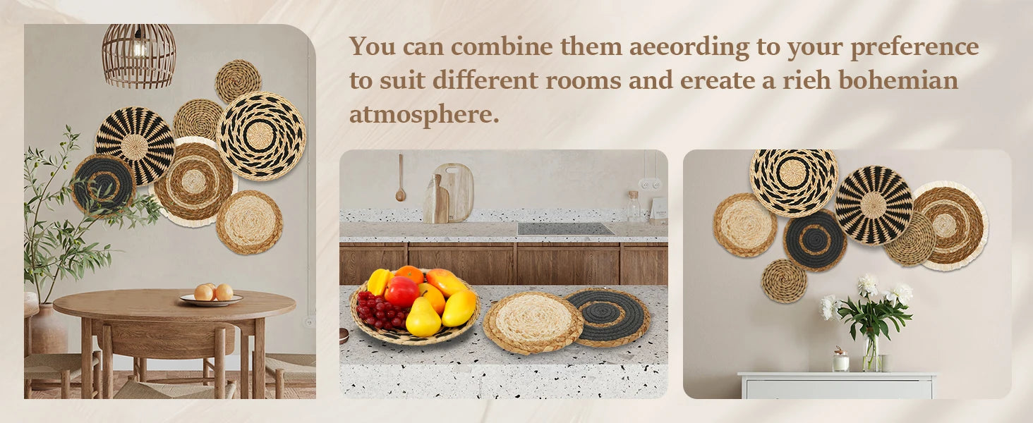 7 Pack Boho Wall Basket Decor Set | Handwoven Seagrass & Rattan Round Wicker Hanging Baskets | Bohemian Wall Art Name to come later