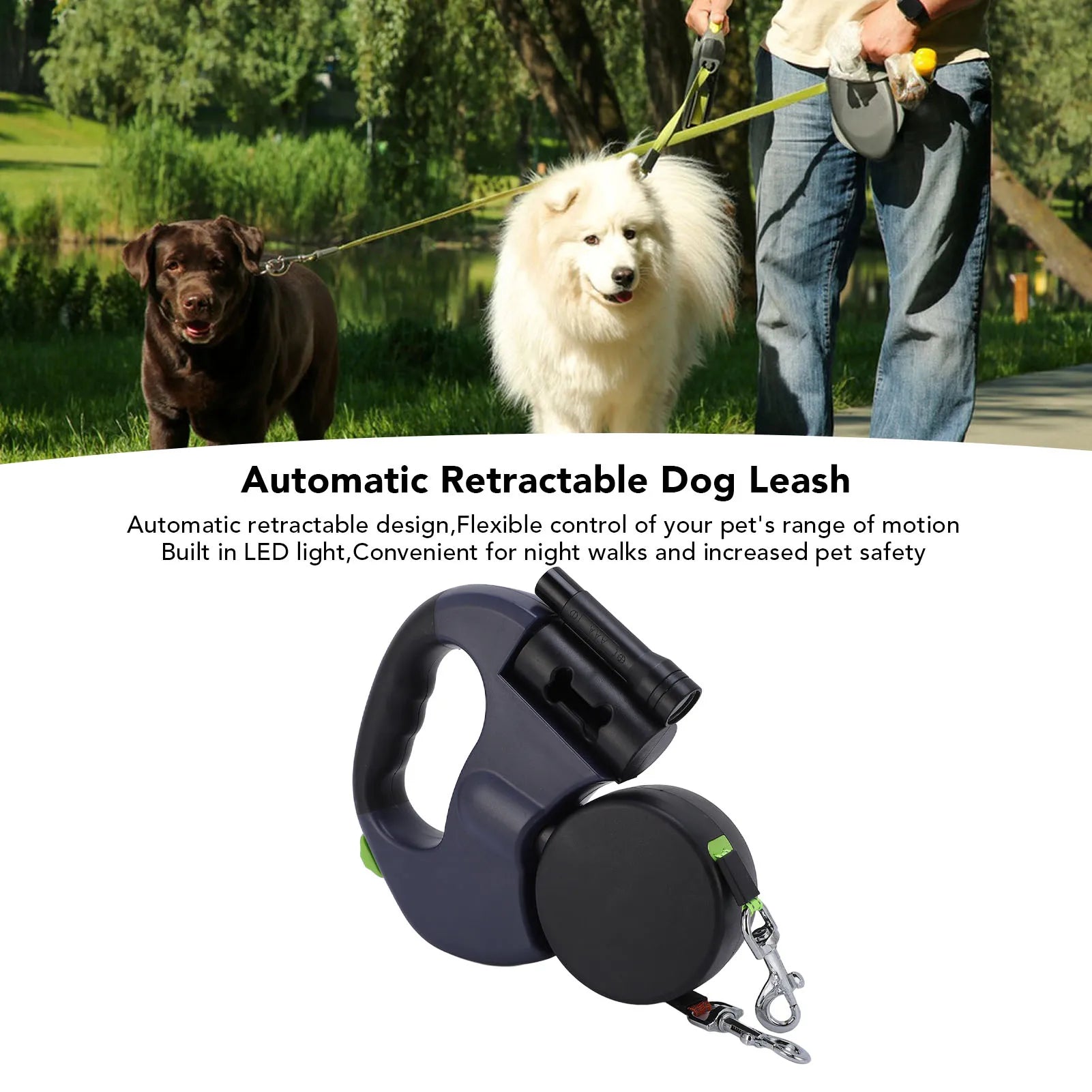 Premium Retractable Dog Leash with Rechargeable LED Flashlight | Automatic, Heavy-Duty Tape Leash for Small & Medium Dogs Name to come later