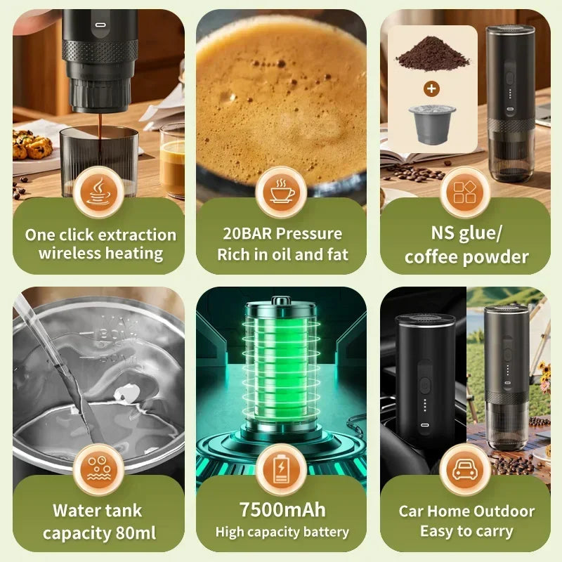 TINSOL New 3 in 1 Wireless Portable Espresso Machine Capsule Coffee Powder Travel Coffee Maker Smart Extraction Wireless Heating Name to come later