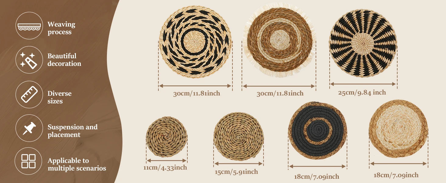 7 Pack Boho Wall Basket Decor Set | Handwoven Seagrass & Rattan Round Wicker Hanging Baskets | Bohemian Wall Art Name to come later