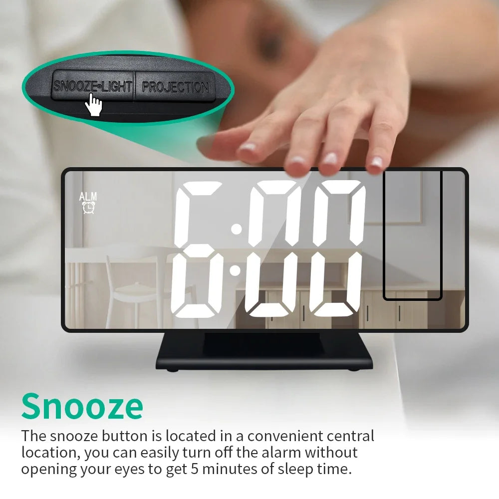 180° Arm Projection Alarm Clock Time Temperature USB Plug-in Digital Alarm Clock Snooze Table Clock 12/24H Projector LED Clock Name to come later