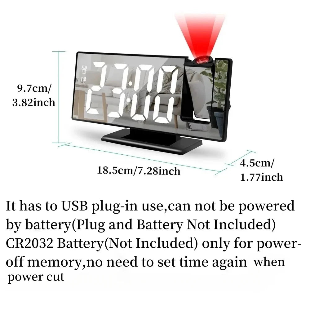 180° Arm Projection Alarm Clock Time Temperature USB Plug-in Digital Alarm Clock Snooze Table Clock 12/24H Projector LED Clock Name to come later