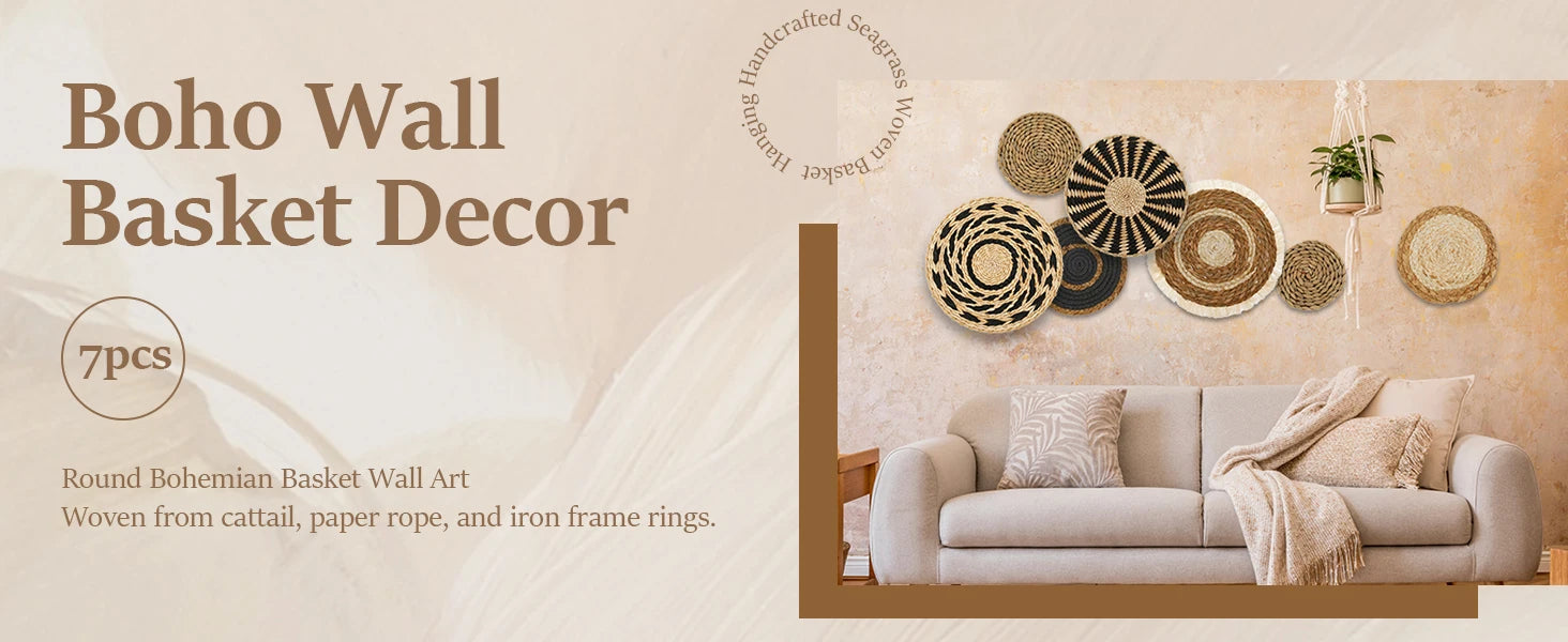 7 Pack Boho Wall Basket Decor Set | Handwoven Seagrass & Rattan Round Wicker Hanging Baskets | Bohemian Wall Art Name to come later