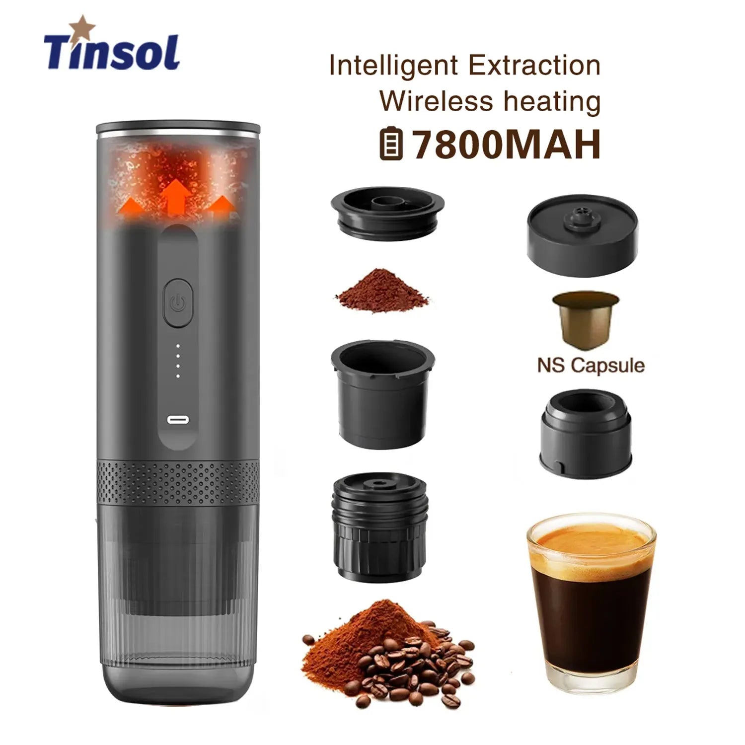 TINSOL New 3 in 1 Wireless Portable Espresso Machine Capsule Coffee Powder Travel Coffee Maker Smart Extraction Wireless Heating Name to come later