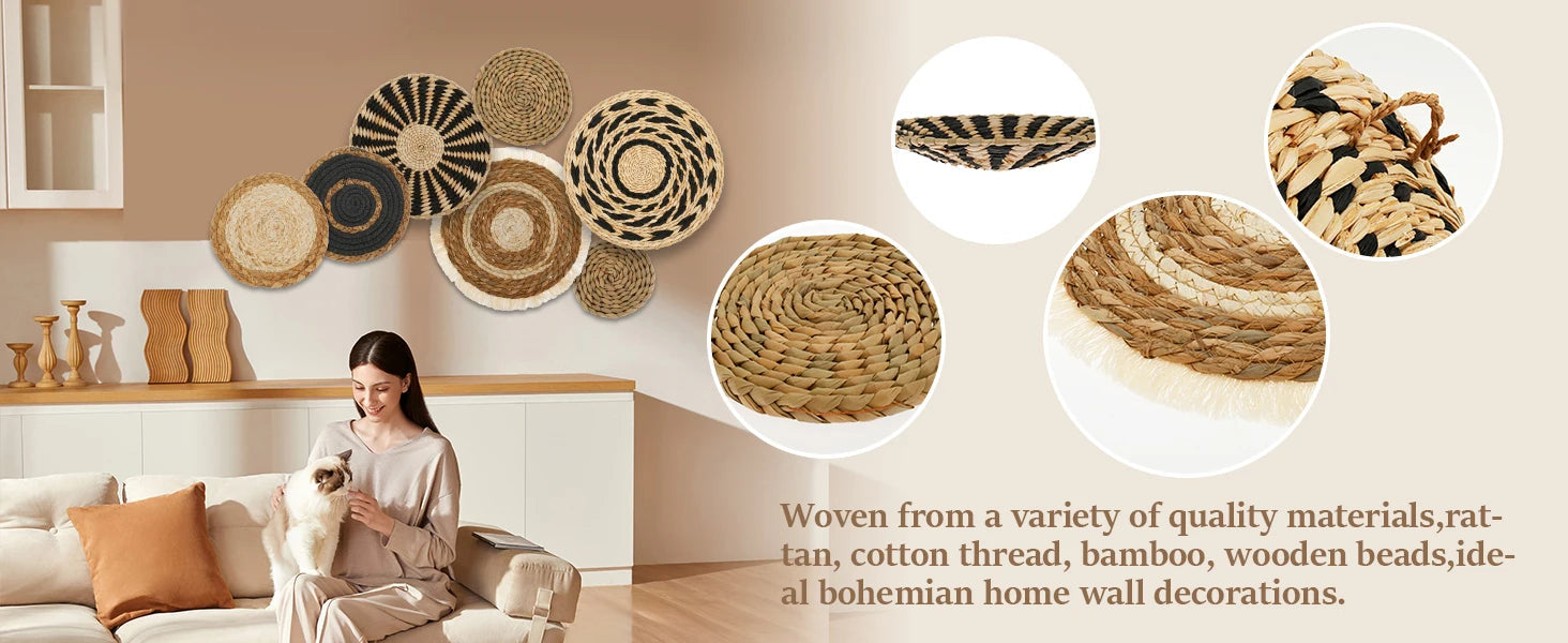 7 Pack Boho Wall Basket Decor Set | Handwoven Seagrass & Rattan Round Wicker Hanging Baskets | Bohemian Wall Art Name to come later