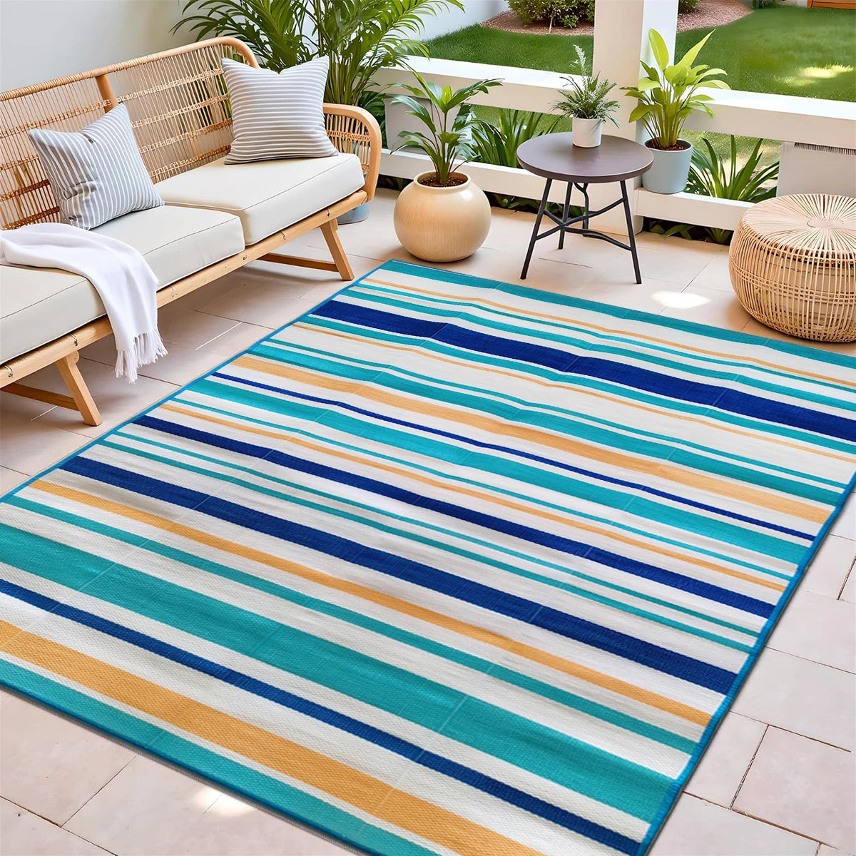 Indoor Outdoor Single Layer Waterproof Reversible Plastic Straw Patio Rugs PP Material Striped Style Carpets Picnic Mat Name to come later