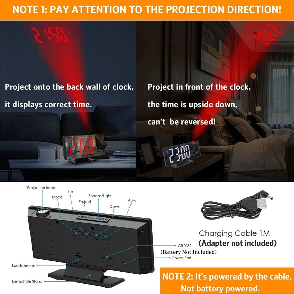 180° Arm Projection Alarm Clock Time Temperature USB Plug-in Digital Alarm Clock Snooze Table Clock 12/24H Projector LED Clock Name to come later