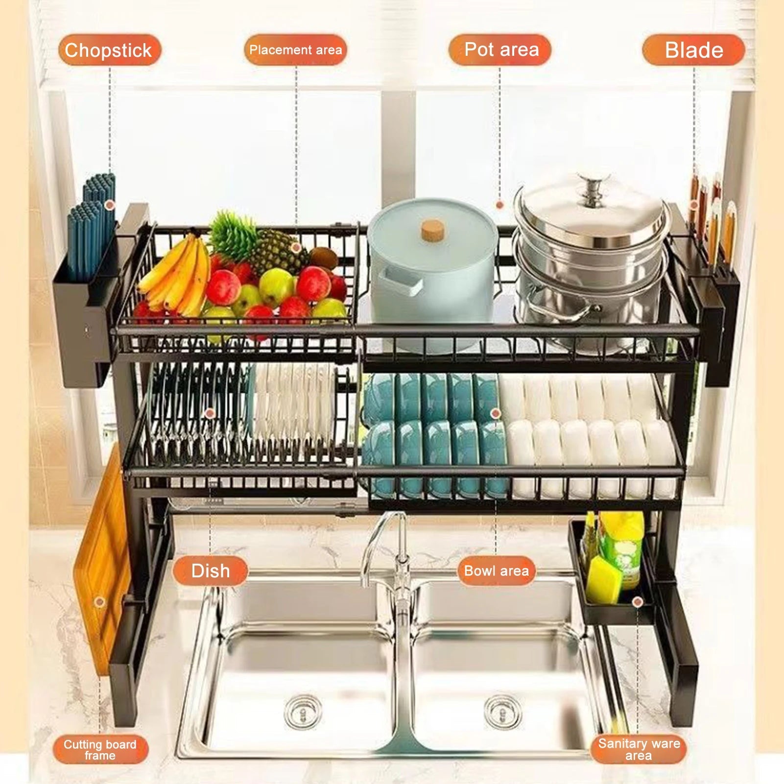 Stretchable 2-Tier Kitchen Sink Organizer & Dish Drying Rack | Multifunctional Above-Sink Set for Bowl Draining, Knife & Spoon Storage Name to come later