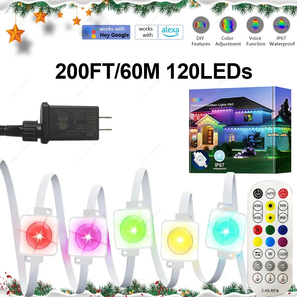 200FT Permanent Outdoor LED Lights RGBIC: Smart DIY Eave Lighting for Christmas & Year-Round Dragon Crest Co