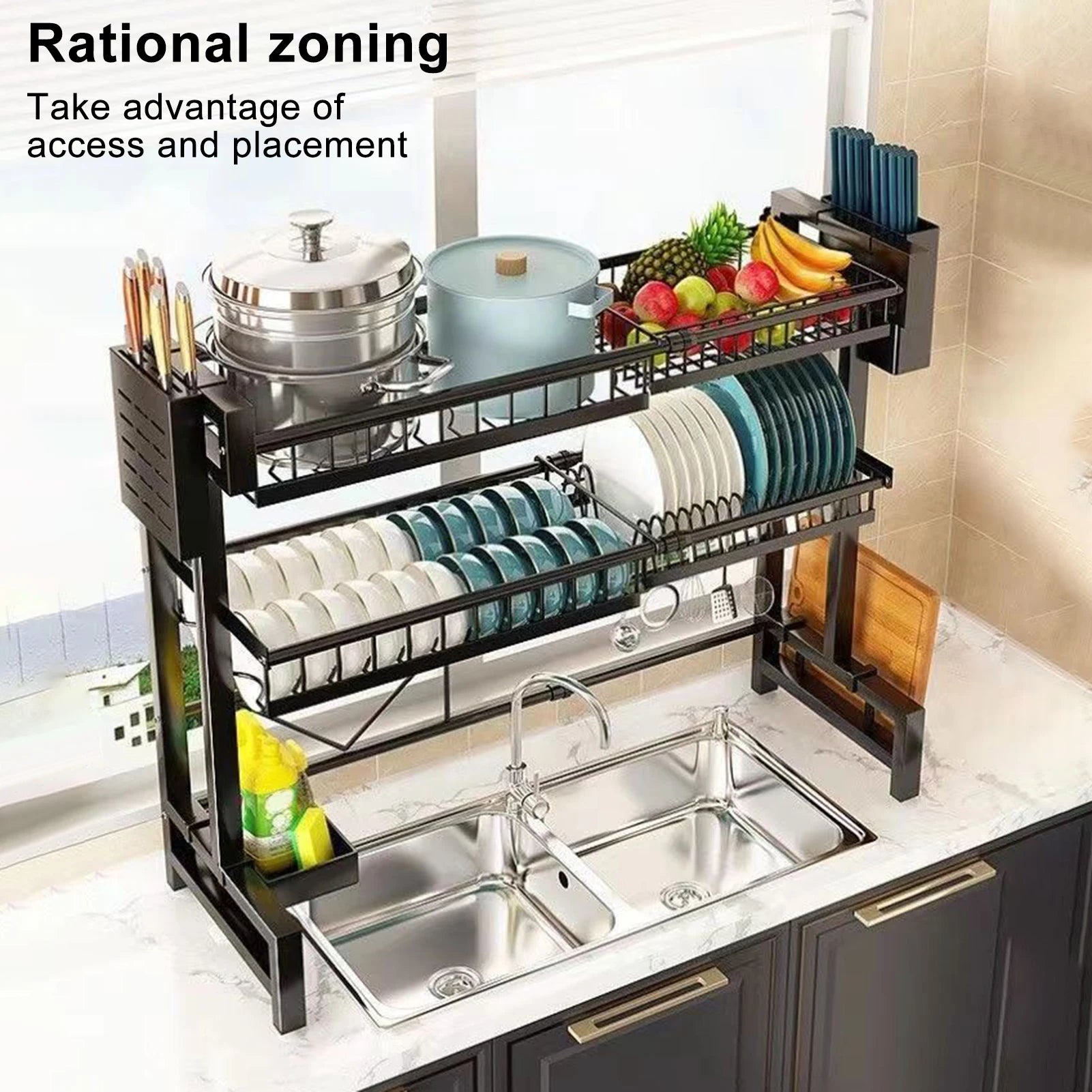 Stretchable 2-Tier Kitchen Sink Organizer & Dish Drying Rack | Multifunctional Above-Sink Set for Bowl Draining, Knife & Spoon Storage Name to come later
