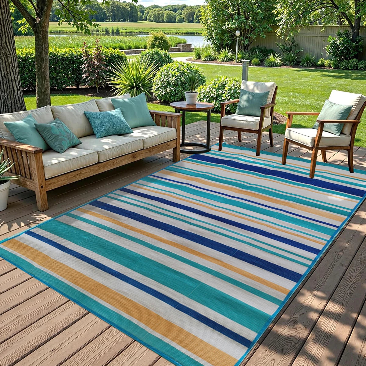 Indoor Outdoor Single Layer Waterproof Reversible Plastic Straw Patio Rugs PP Material Striped Style Carpets Picnic Mat Name to come later