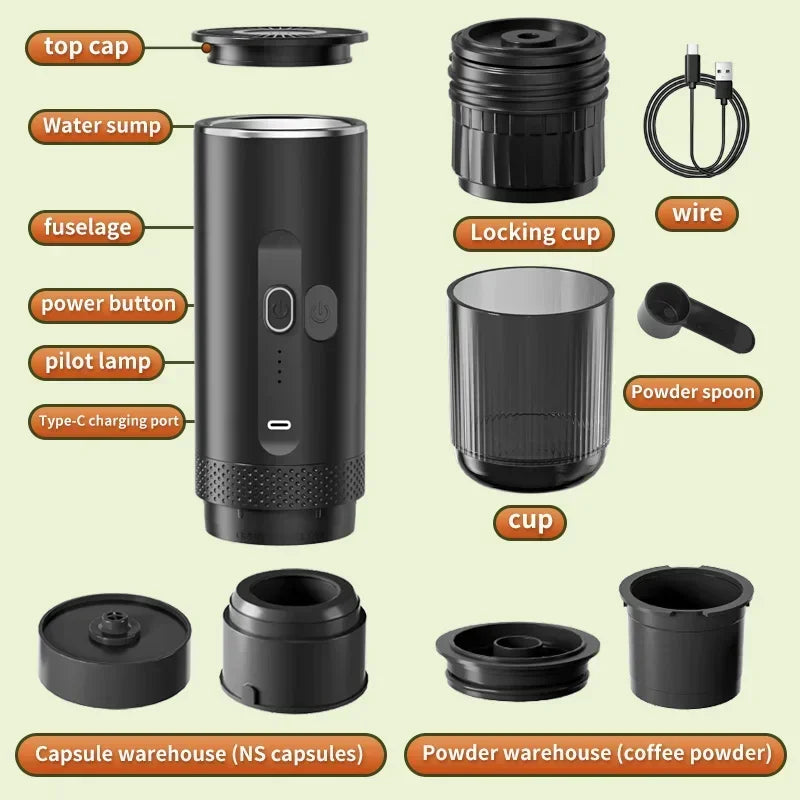 TINSOL New 3 in 1 Wireless Portable Espresso Machine Capsule Coffee Powder Travel Coffee Maker Smart Extraction Wireless Heating Name to come later