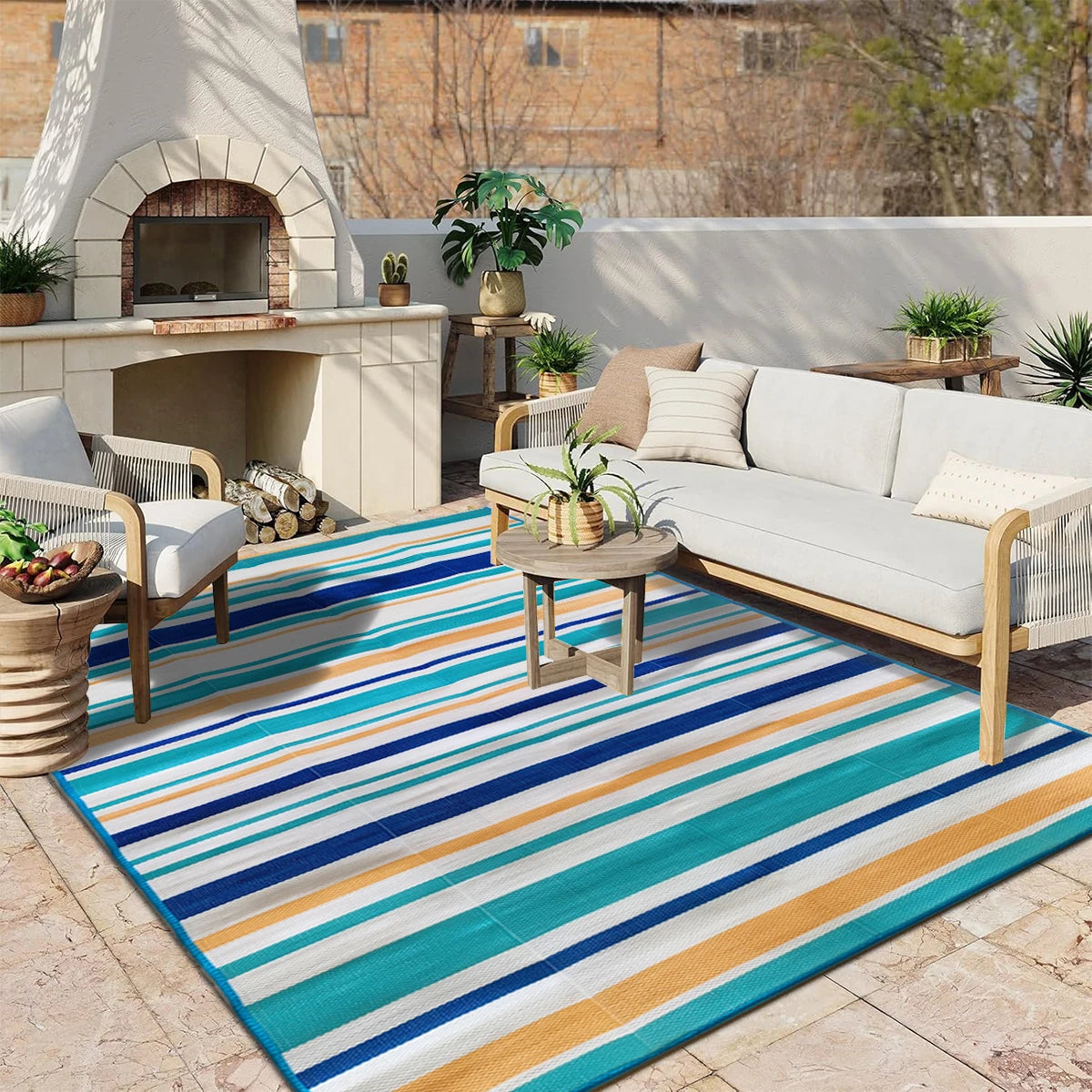 Indoor Outdoor Single Layer Waterproof Reversible Plastic Straw Patio Rugs PP Material Striped Style Carpets Picnic Mat Name to come later
