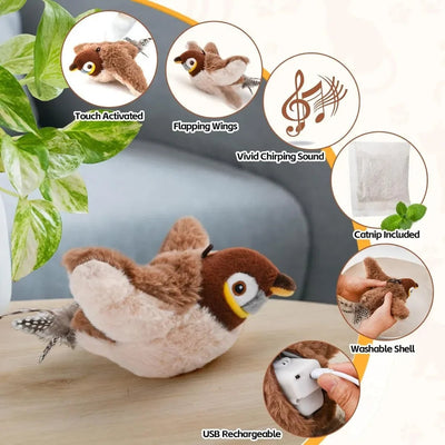 Rechargeable Interactive Cat Bird Toy with Realistic Chirp & Flapping Wings | Touch-Activated Plush Kitten Kicker Name to come later