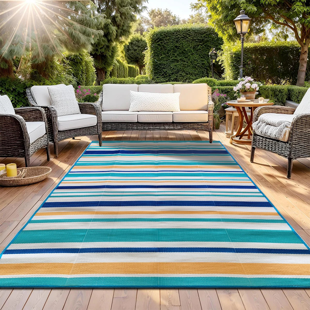 Indoor Outdoor Single Layer Waterproof Reversible Plastic Straw Patio Rugs PP Material Striped Style Carpets Picnic Mat Name to come later