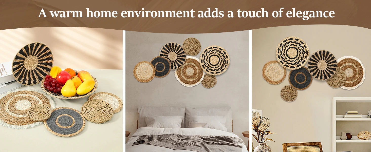 7 Pack Boho Wall Basket Decor Set | Handwoven Seagrass & Rattan Round Wicker Hanging Baskets | Bohemian Wall Art Name to come later