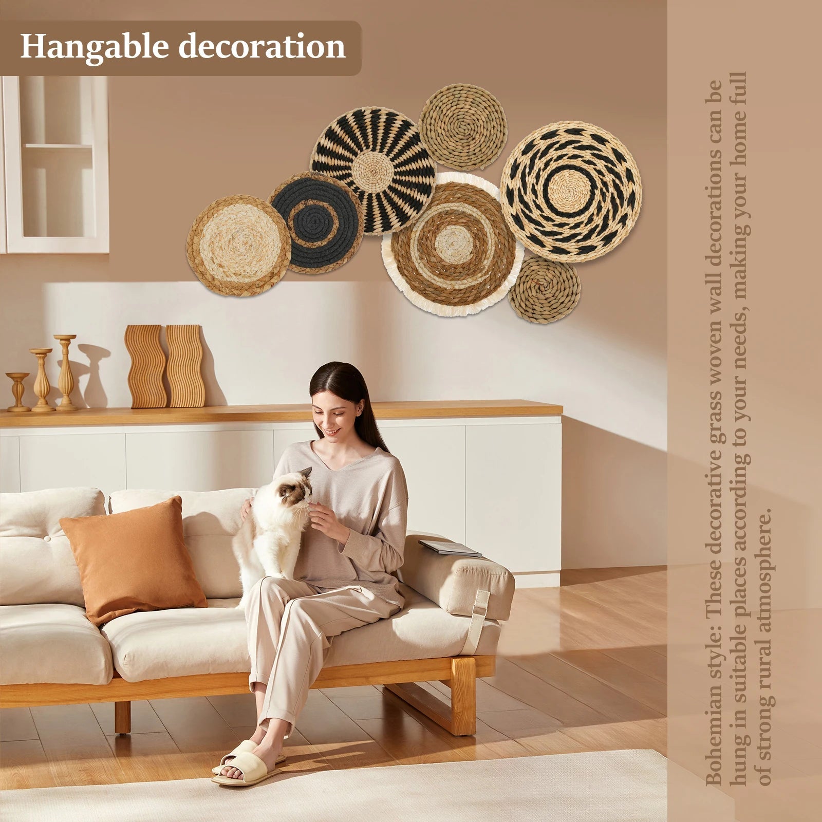 7 Pack Boho Wall Basket Decor Set | Handwoven Seagrass & Rattan Round Wicker Hanging Baskets | Bohemian Wall Art Name to come later