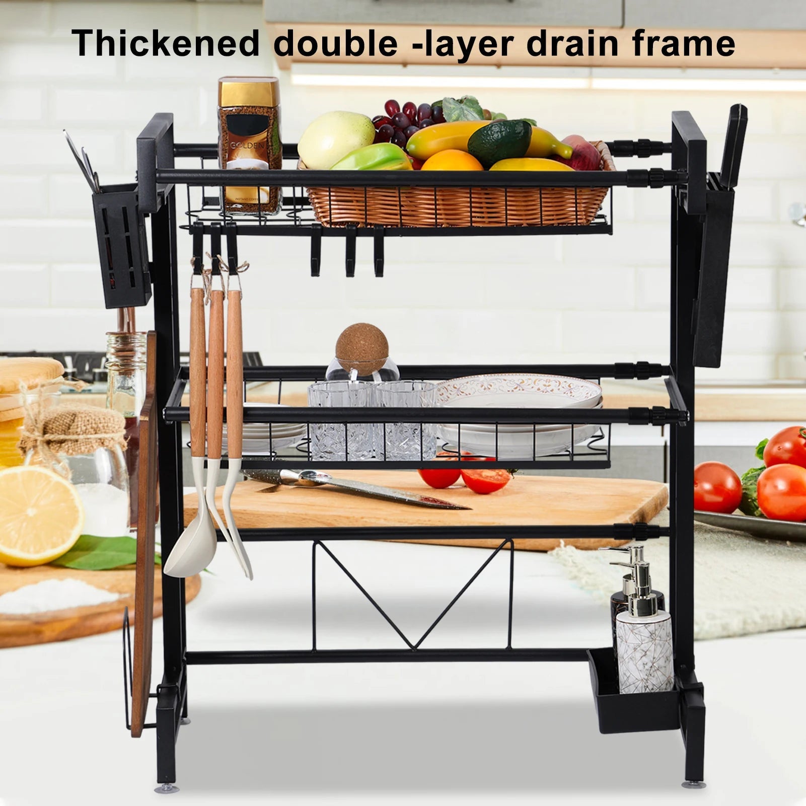 Stretchable 2-Tier Kitchen Sink Organizer & Dish Drying Rack | Multifunctional Above-Sink Set for Bowl Draining, Knife & Spoon Storage Name to come later