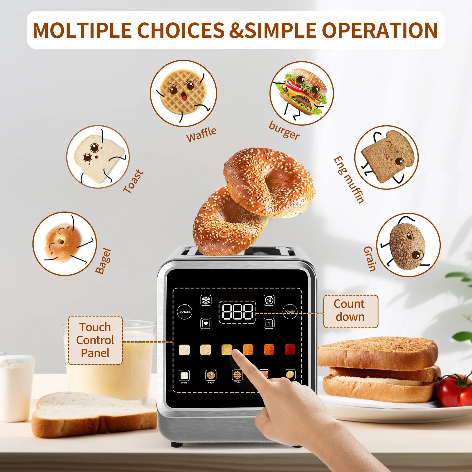 Smart 2-Slice Toaster with LCD Display | Digital Timer, Stainless Steel, and 6-in-1 Bread Type Settings (6 Shade Levels) Name to come later