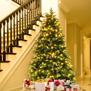 5/6/7/9FT Pre-Lit Flocked Christmas Tree: Realistic Hinged Snowy Artificial Pine Tree Dragon Crest Co