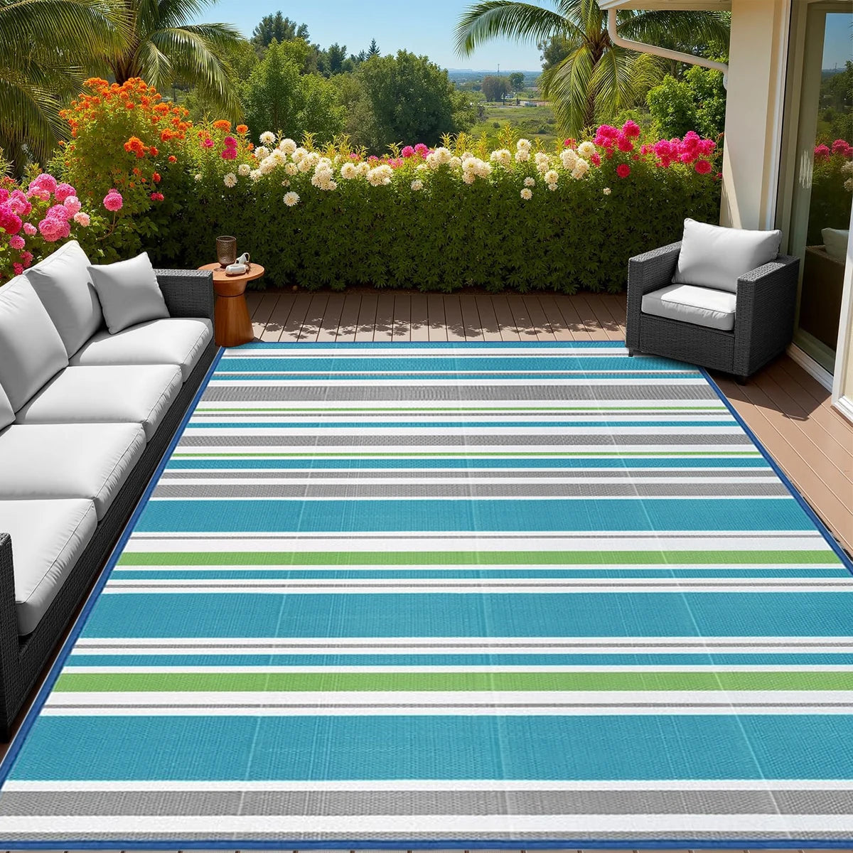 Indoor Outdoor Single Layer Waterproof Reversible Plastic Straw Patio Rugs PP Material Striped Style Carpets Picnic Mat Name to come later