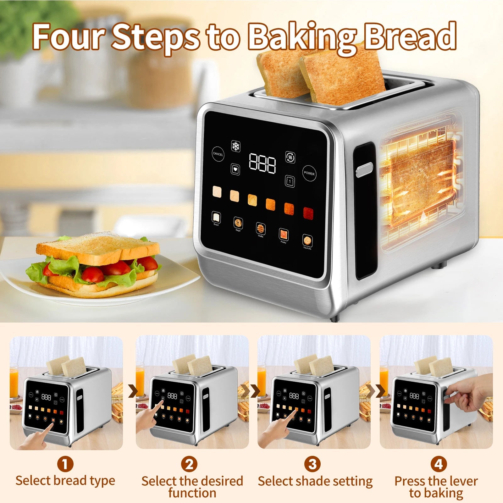 Smart 2-Slice Toaster with LCD Display | Digital Timer, Stainless Steel, and 6-in-1 Bread Type Settings (6 Shade Levels) Name to come later